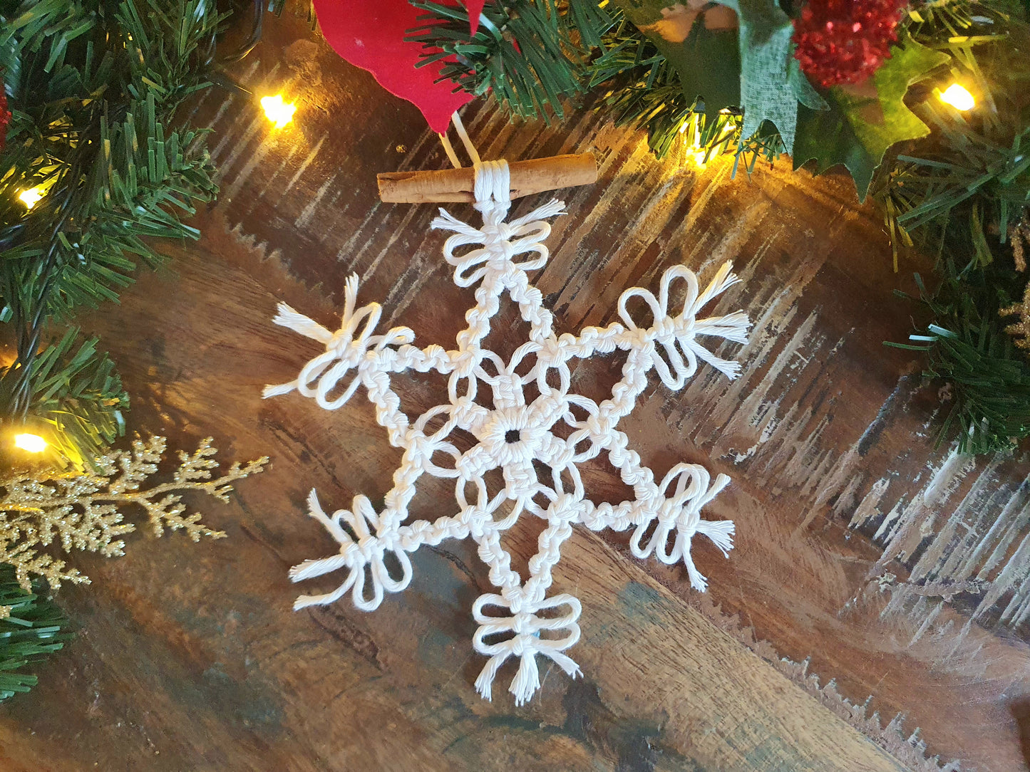 Set of 3 cinnamon snowflakes, chrismas macrame white tree ornament decor minimalist stocking stuffer filler secret santa boho bauble hanging