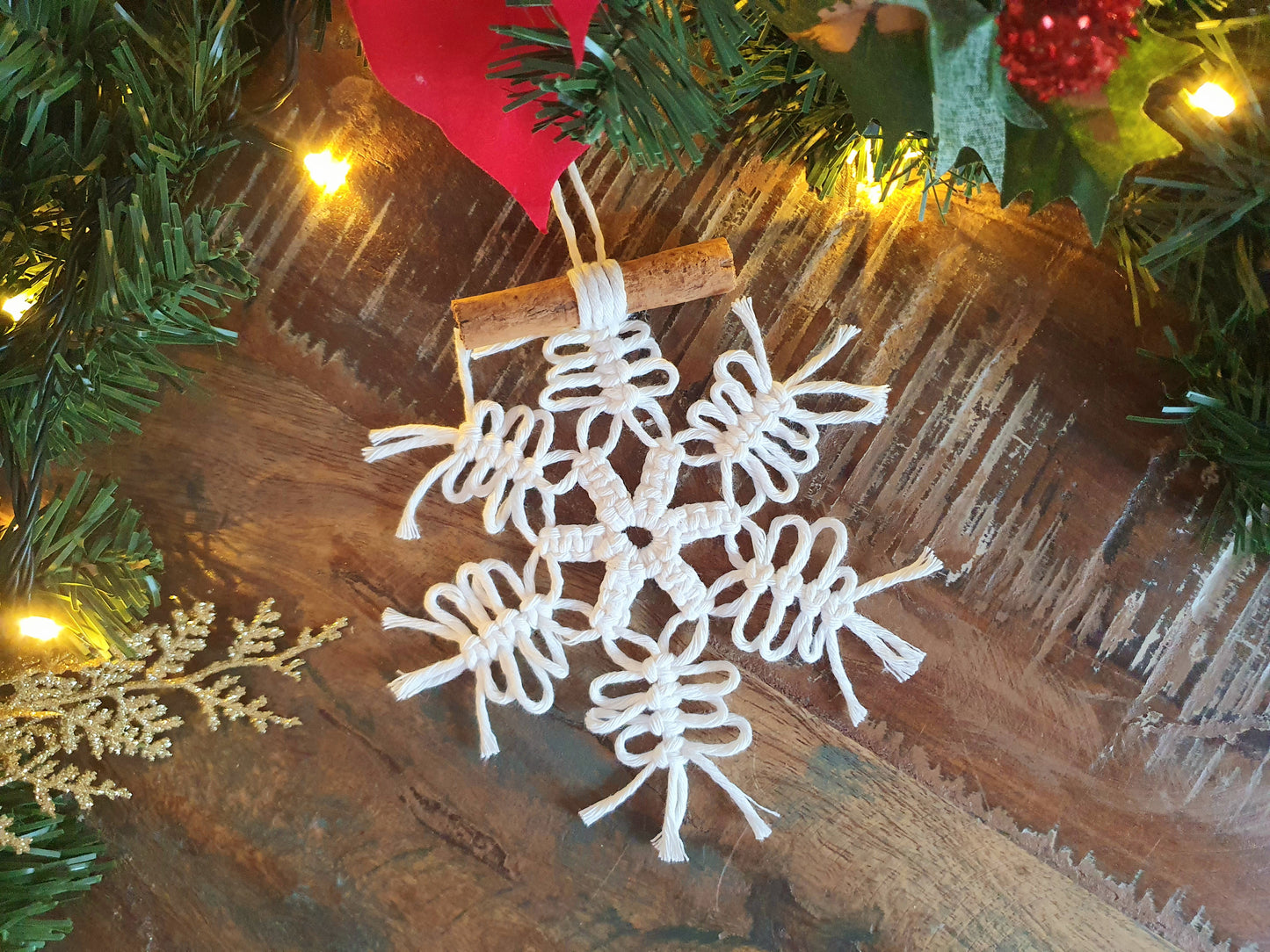 Set of 3 cinnamon snowflakes, chrismas macrame white tree ornament decor minimalist stocking stuffer filler secret santa boho bauble hanging