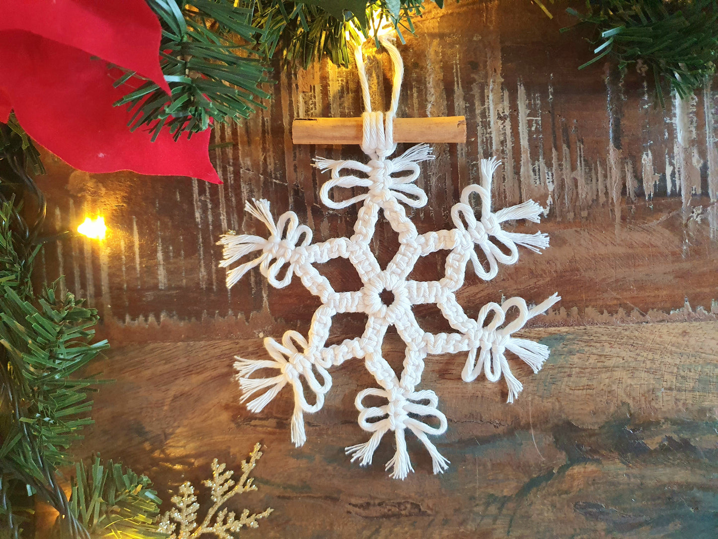 Set of 3 cinnamon snowflakes, chrismas macrame white tree ornament decor minimalist stocking stuffer filler secret santa boho bauble hanging