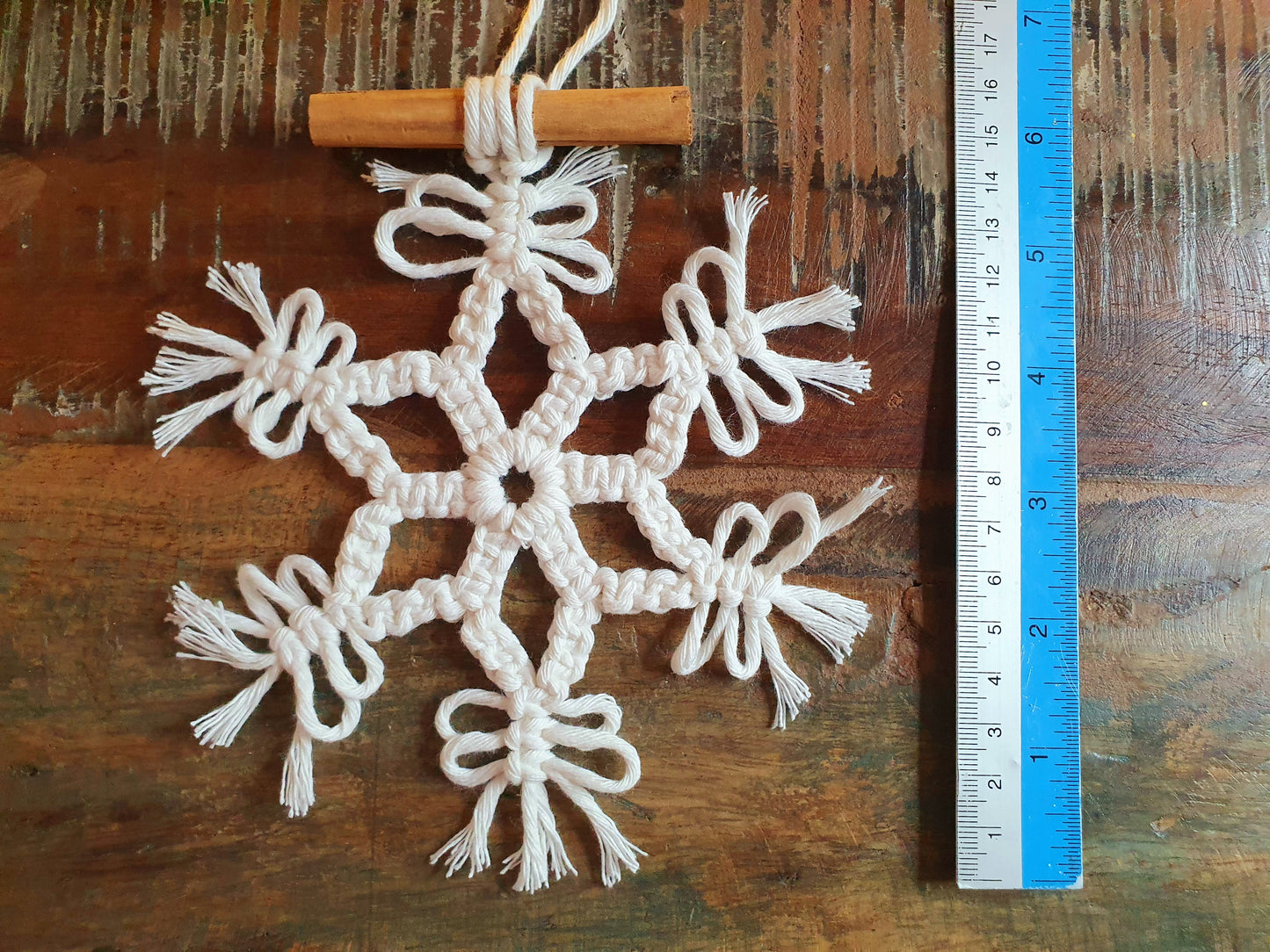 Set of 3 cinnamon snowflakes, chrismas macrame white tree ornament decor minimalist stocking stuffer filler secret santa boho bauble hanging