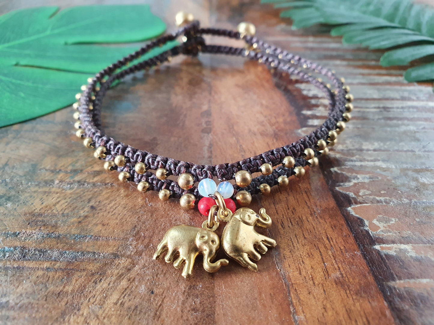 Custom crystal gemstone anklet, beaded elephant charm June birthstone gift macrame boho beach elephant wanderlust gift woman her sister