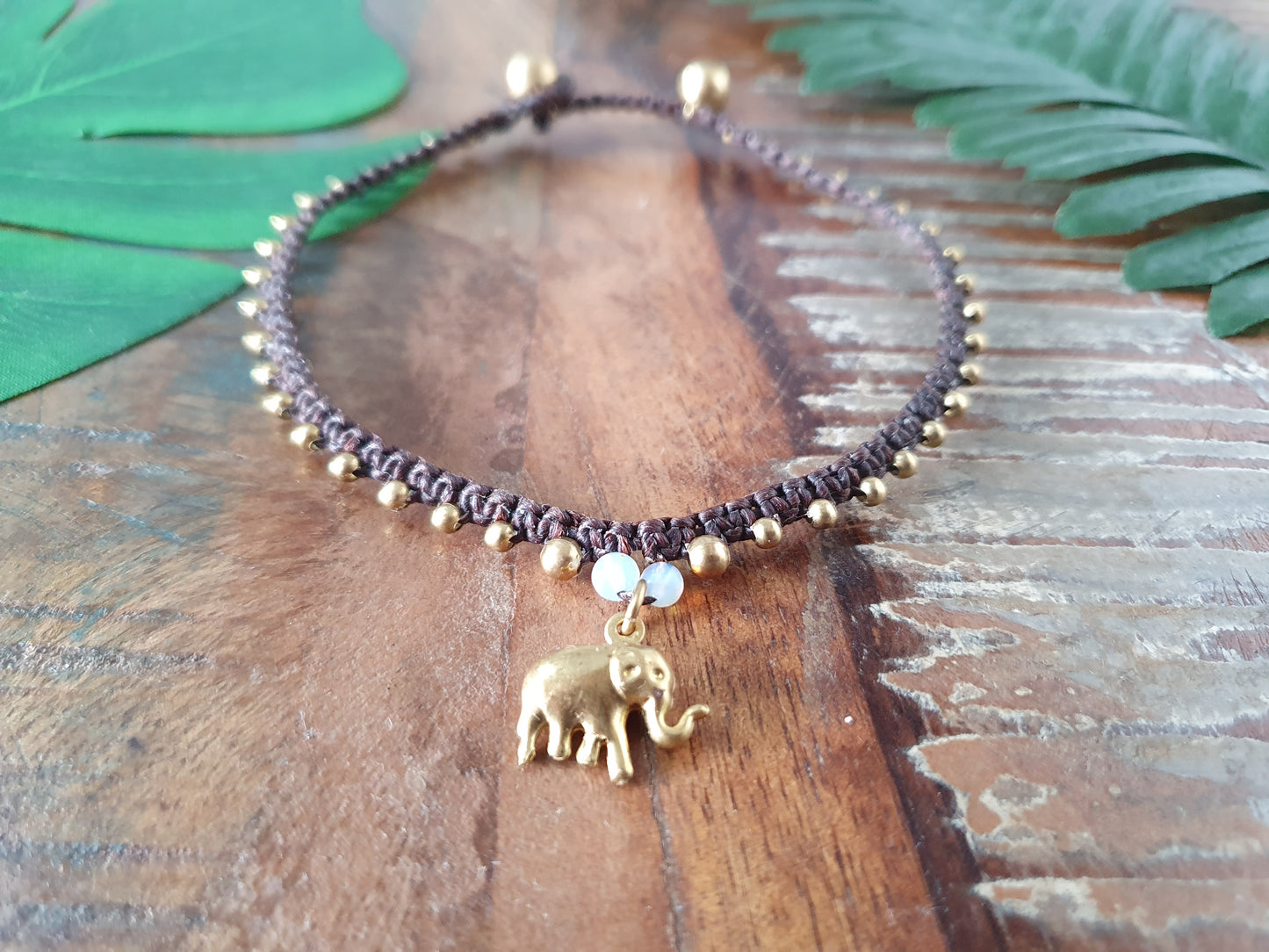 Custom crystal gemstone anklet, beaded elephant charm June birthstone gift macrame boho beach elephant wanderlust gift woman her sister