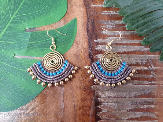 Blue & grey macramé earrings, eclectic statement Egyptian fan gold hammered spiral boho aztec Thai anniversary birthday present for woman wife