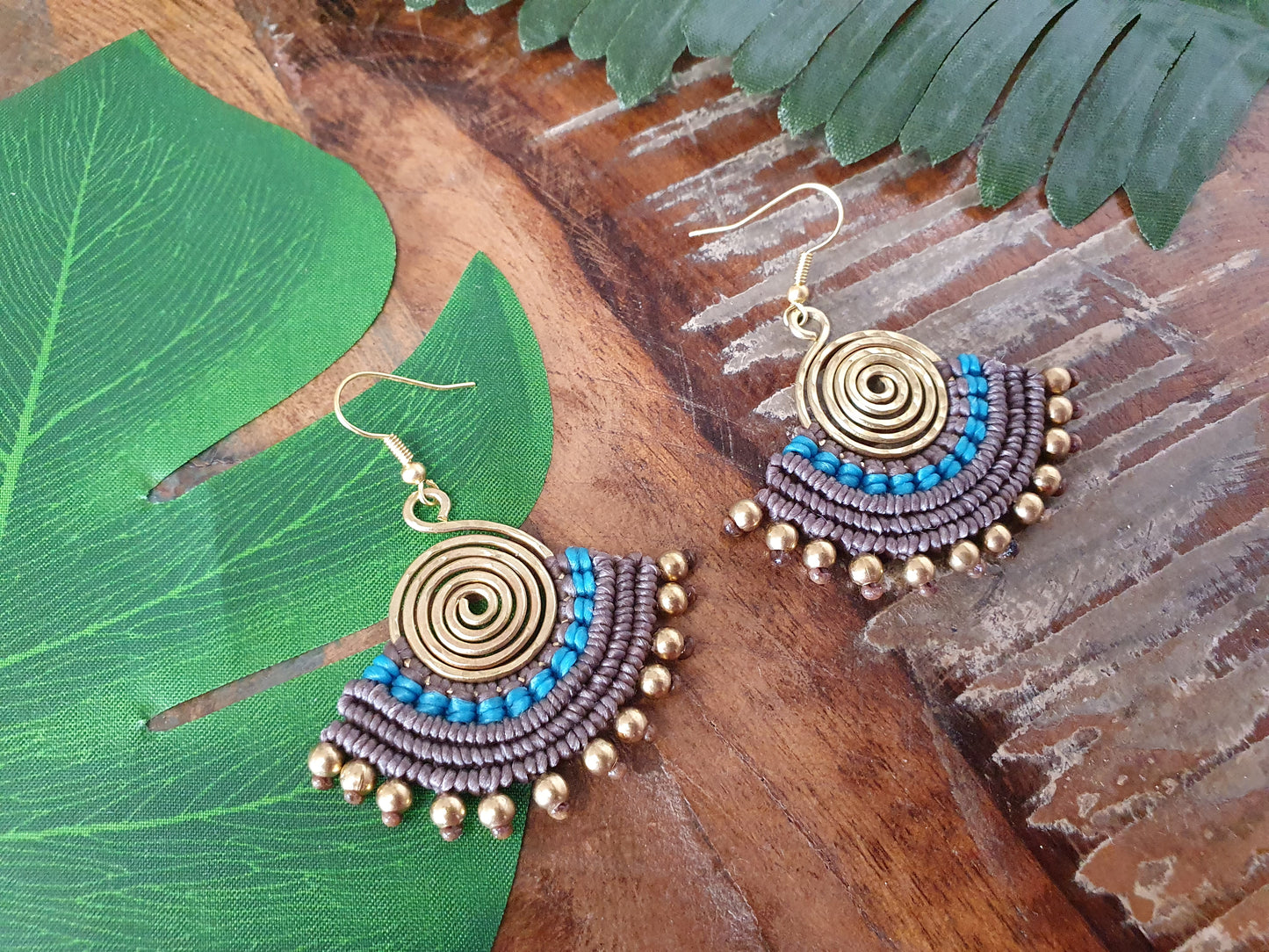 Blue & grey macramé earrings, eclectic statement Egyptian fan gold hammered spiral boho aztec Thai anniversary birthday present for woman wife