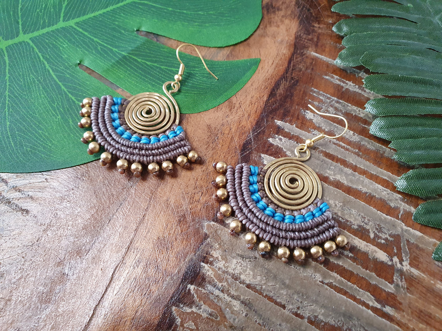 Blue & grey macramé earrings, eclectic statement Egyptian fan gold hammered spiral boho aztec Thai anniversary birthday present for woman wife