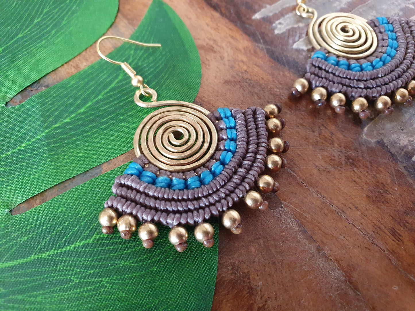 Blue & grey macramé earrings, eclectic statement Egyptian fan gold hammered spiral boho aztec Thai anniversary birthday present for woman wife