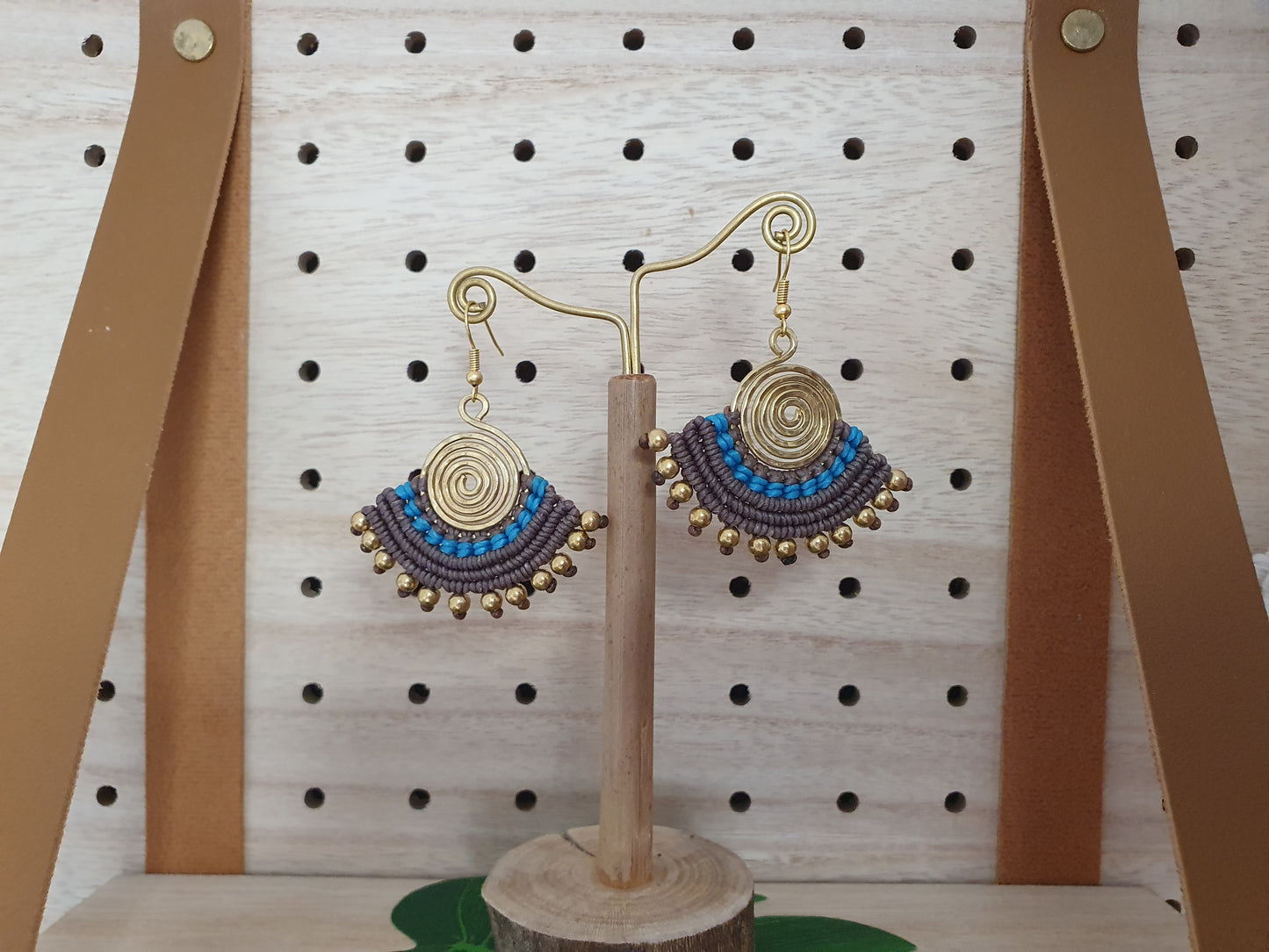 Blue & grey macramé earrings, eclectic statement Egyptian fan gold hammered spiral boho aztec Thai anniversary birthday present for woman wife