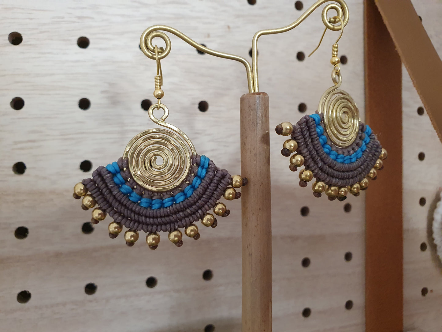 Blue & grey macramé earrings, eclectic statement Egyptian fan gold hammered spiral boho aztec Thai anniversary birthday present for woman wife