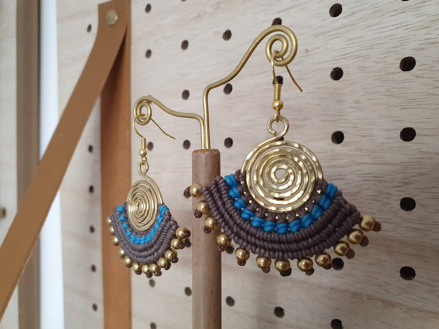 Blue & grey macramé earrings, eclectic statement Egyptian fan gold hammered spiral boho aztec Thai anniversary birthday present for woman wife