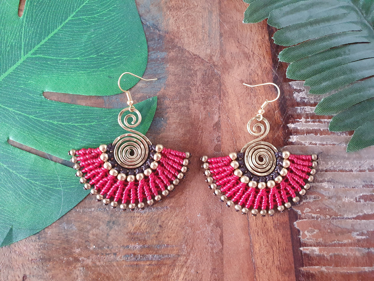 Red & gold macramé earrings, eclectic statement Egyptian fan gold hammered spiral boho aztec Thai anniversary birthday present for her wife