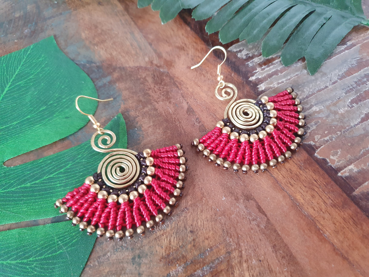 Red & gold macramé earrings, eclectic statement Egyptian fan gold hammered spiral boho aztec Thai anniversary birthday present for her wife