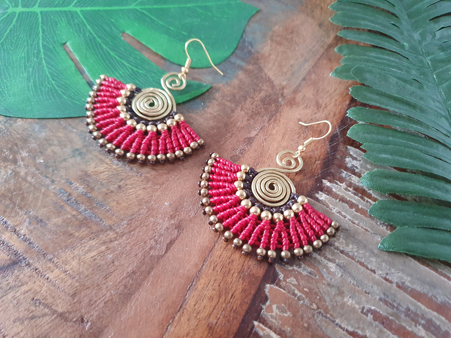 Red & gold macramé earrings, eclectic statement Egyptian fan gold hammered spiral boho aztec Thai anniversary birthday present for her wife