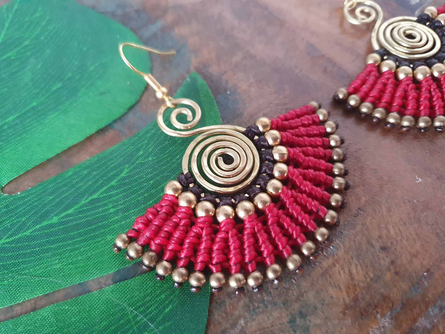 Red & gold macramé earrings, eclectic statement Egyptian fan gold hammered spiral boho aztec Thai anniversary birthday present for her wife