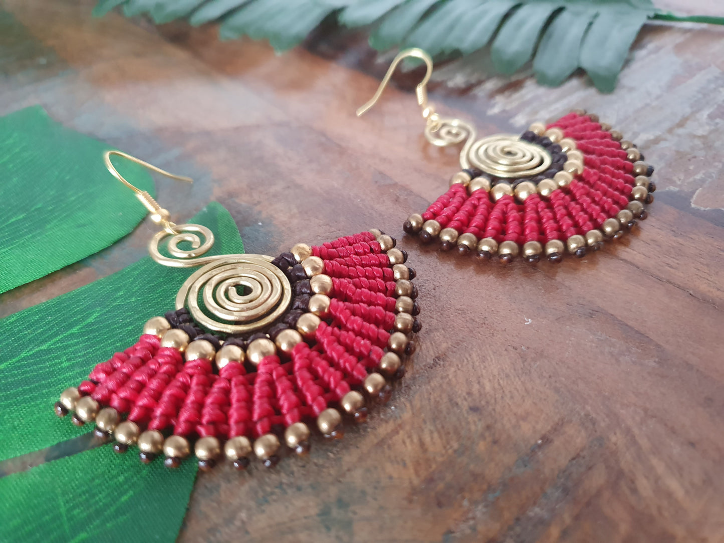 Red & gold macramé earrings, eclectic statement Egyptian fan gold hammered spiral boho aztec Thai anniversary birthday present for her wife