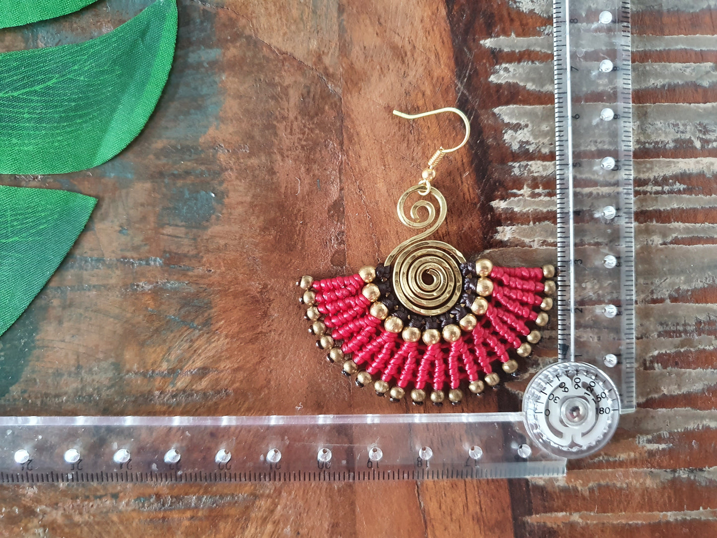 Red & gold macramé earrings, eclectic statement Egyptian fan gold hammered spiral boho aztec Thai anniversary birthday present for her wife