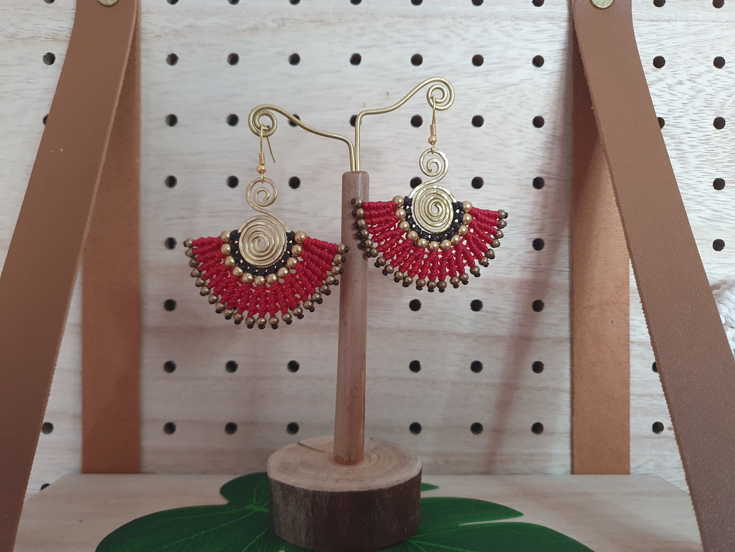 Red & gold macramé earrings, eclectic statement Egyptian fan gold hammered spiral boho aztec Thai anniversary birthday present for her wife