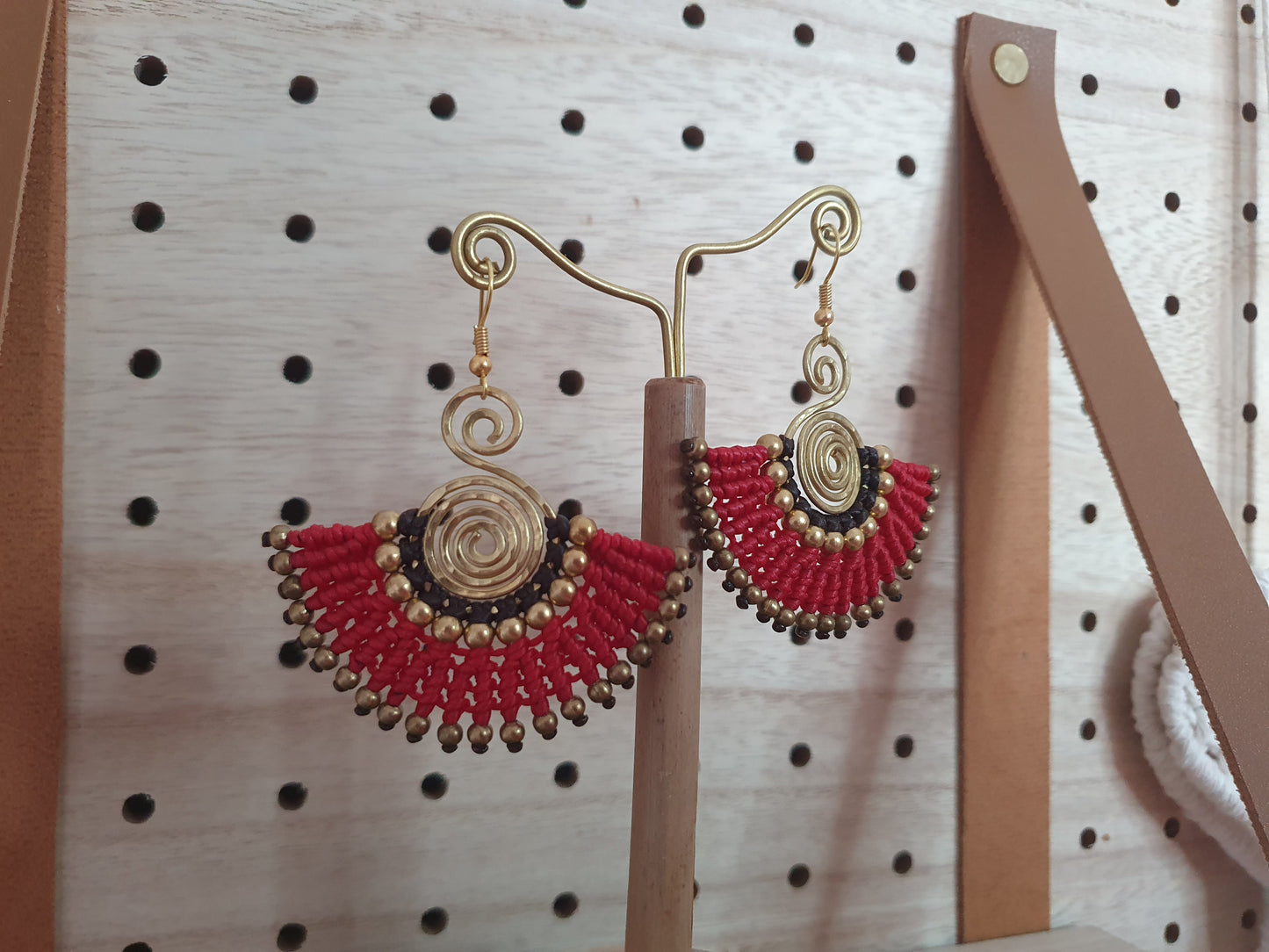 Red & gold macramé earrings, eclectic statement Egyptian fan gold hammered spiral boho aztec Thai anniversary birthday present for her wife