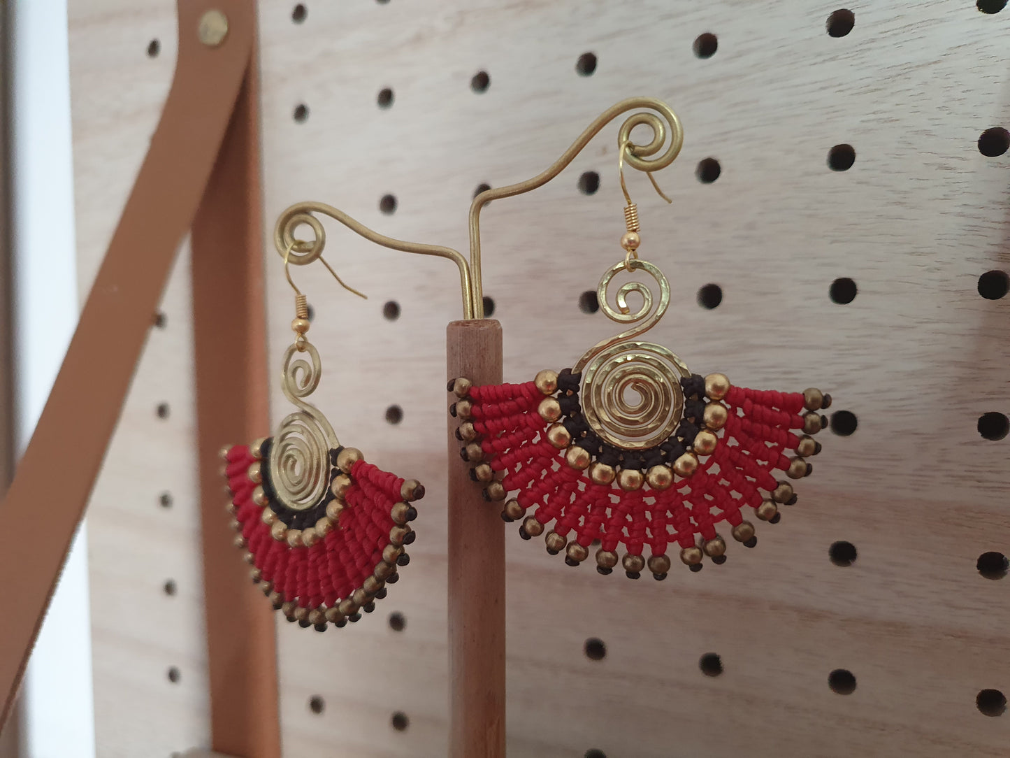 Red & gold macramé earrings, eclectic statement Egyptian fan gold hammered spiral boho aztec Thai anniversary birthday present for her wife