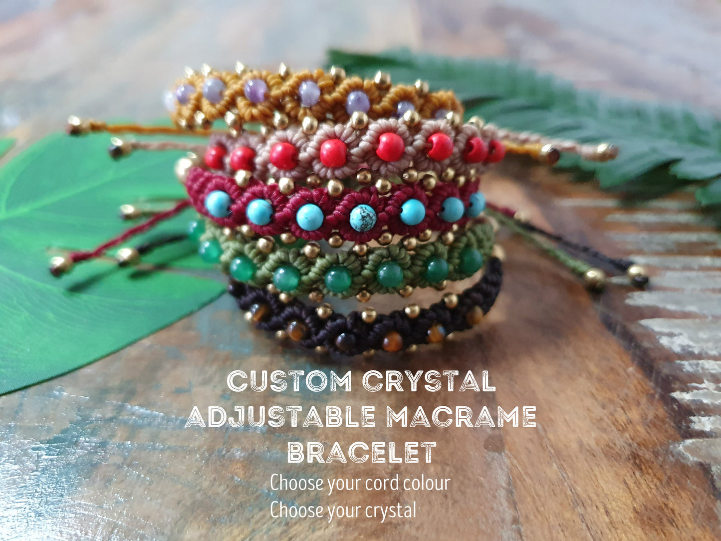 Custom ornate macrame crystal bracelet, birthday birthstone gift choose gemstone personalised colour chakra boho hippie tribal lace decorative design