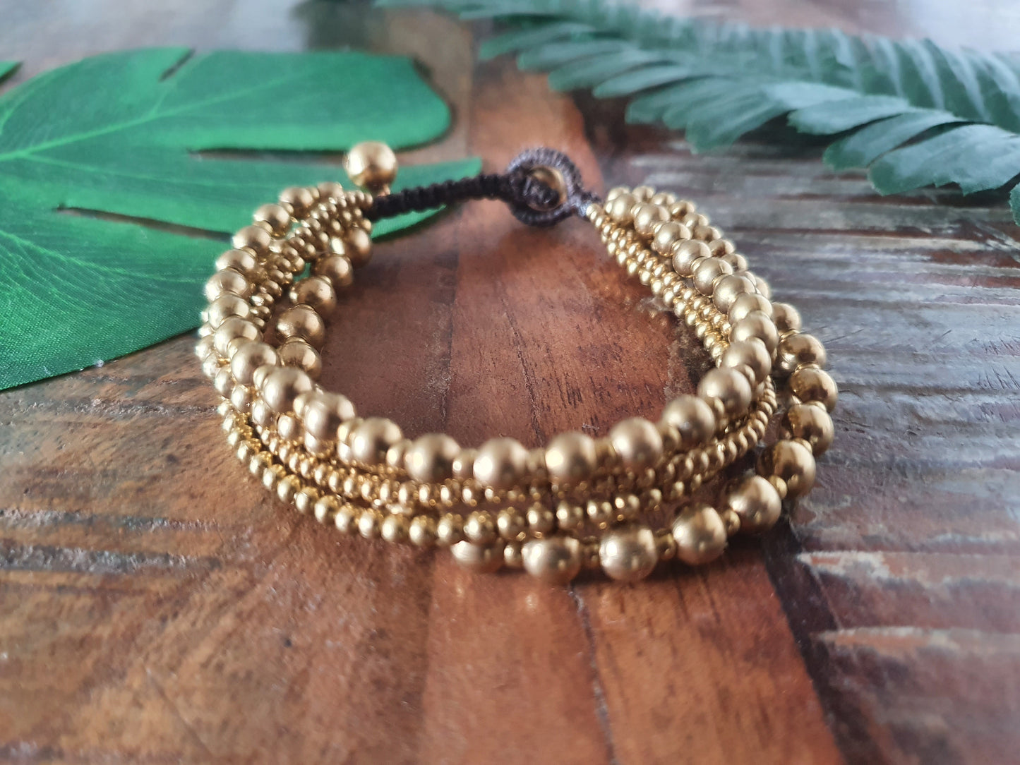 Gold bead multi-strand bracelet, gift for woman, gift for best friend, gold brass macrame boho tribal aztec beach ethnic holiday Thai bangle