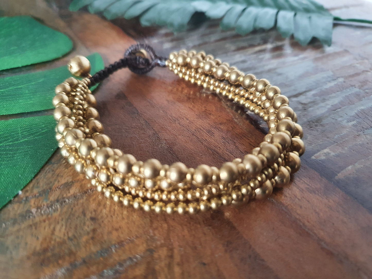 Gold bead multi-strand bracelet, gift for woman, gift for best friend, gold brass macrame boho tribal aztec beach ethnic holiday Thai bangle