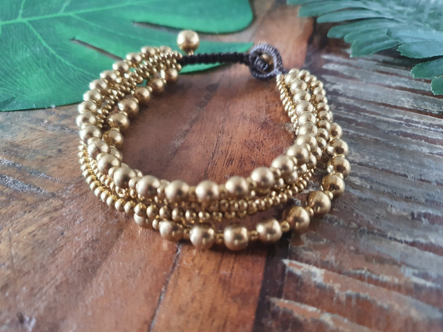 Gold bead multi-strand bracelet, gift for woman, gift for best friend, gold brass macrame boho tribal aztec beach ethnic holiday Thai bangle