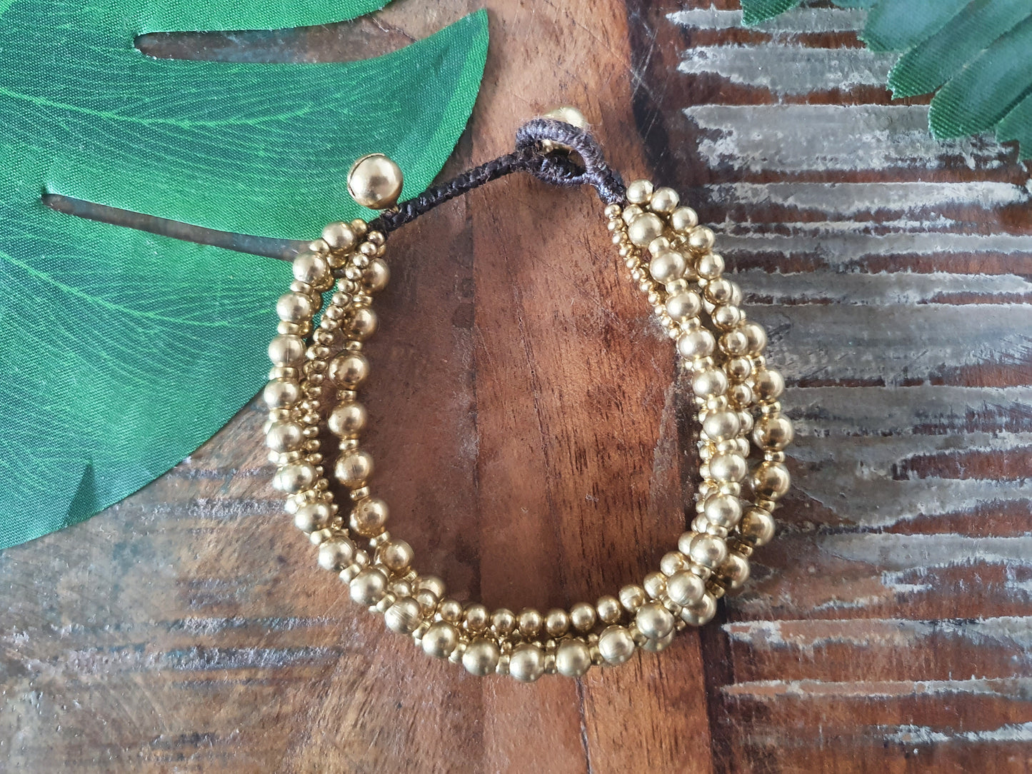 Gold bead multi-strand bracelet, gift for woman, gift for best friend, gold brass macrame boho tribal aztec beach ethnic holiday Thai bangle