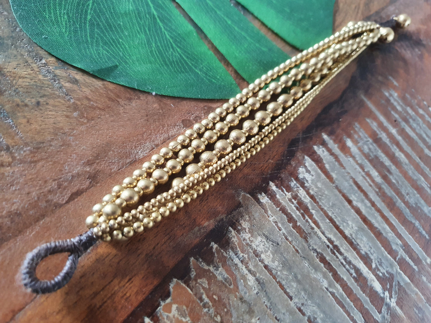 Gold bead multi-strand bracelet, gift for woman, gift for best friend, gold brass macrame boho tribal aztec beach ethnic holiday Thai bangle