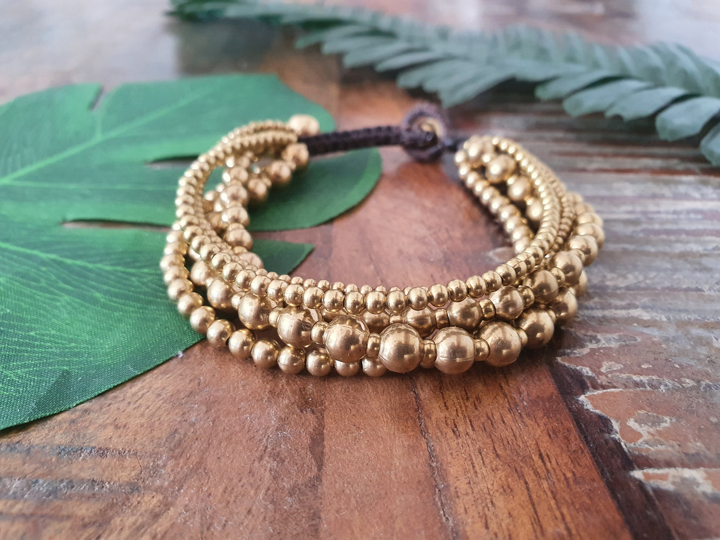 Gold bead multi-strand bracelet, gift for woman, gift for best friend, gold brass macrame boho tribal aztec beach ethnic holiday Thai bangle