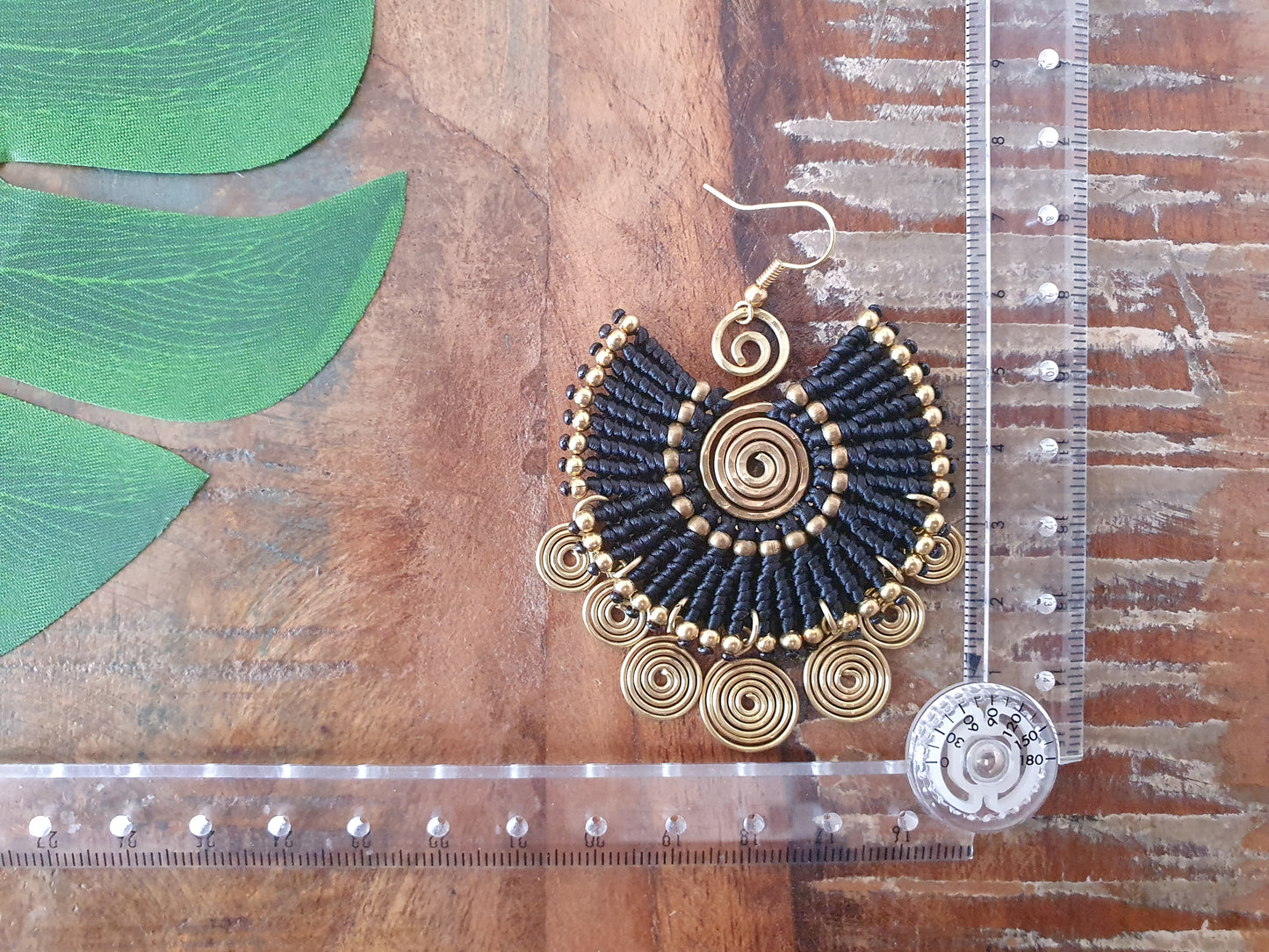 EGYPTIAN QUEEN Tribal bohemian spiral earrings, gold wire macramé black statement ethnic hippie earrings, Thai handmade large earrings for women queens