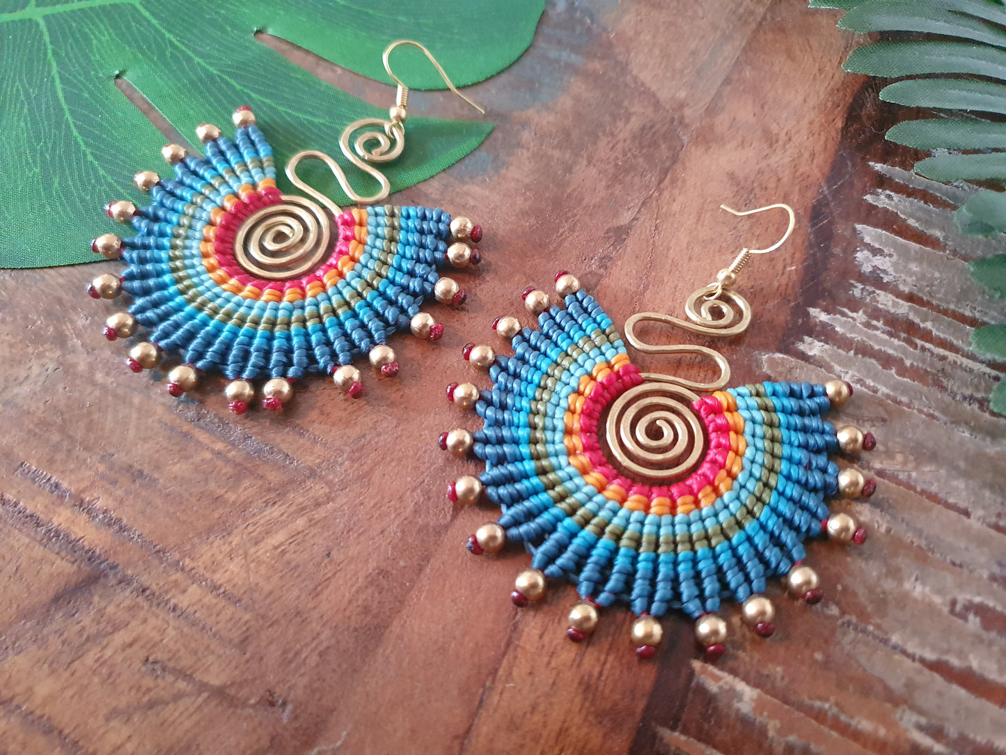 Blue rainbow macrame earrings, tropic circle spiral, blue boho earrings, wire wrap earrings, funky Thai earrings, witchy gift for her