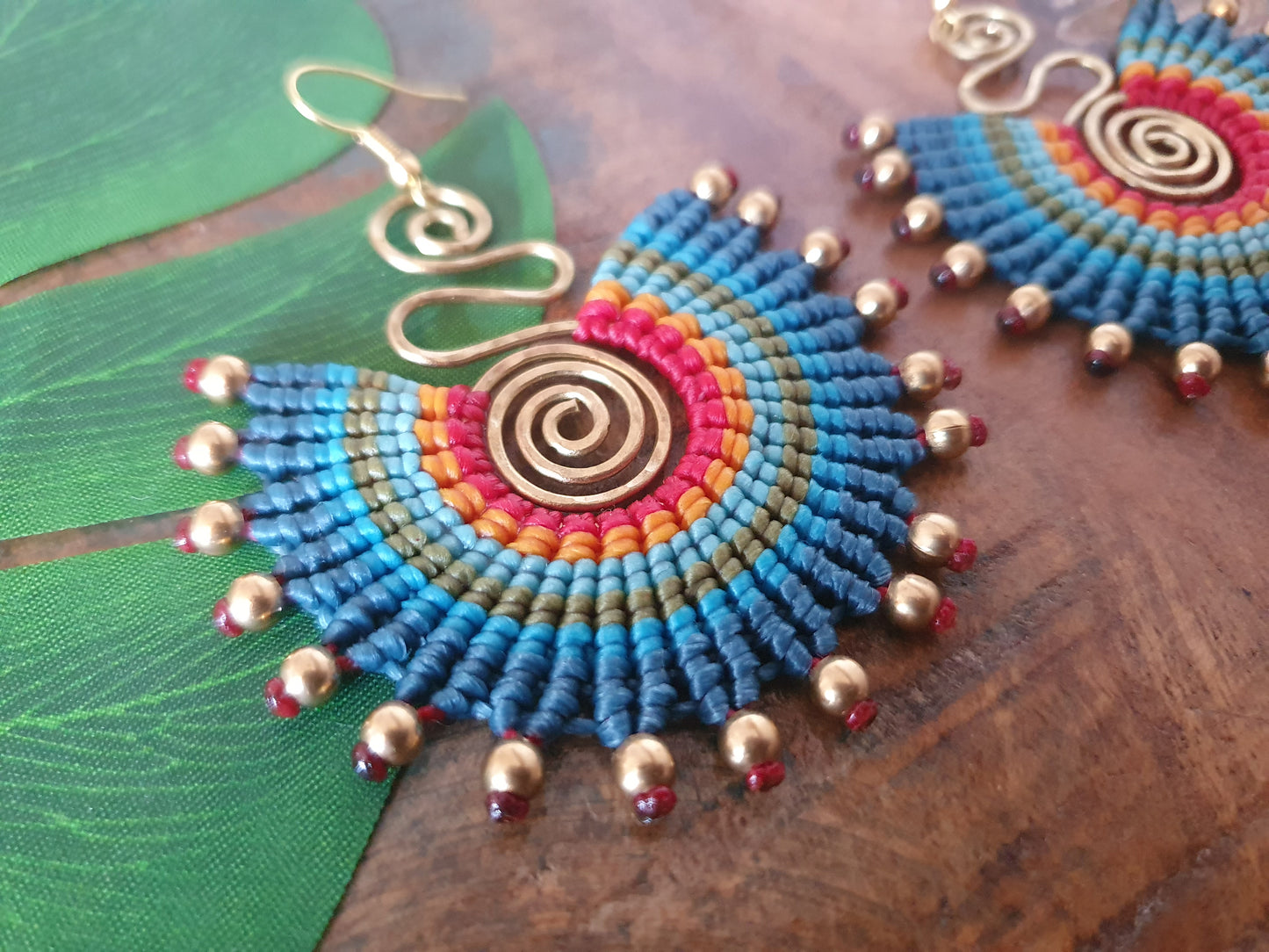 Blue rainbow macrame earrings, tropic circle spiral, blue boho earrings, wire wrap earrings, funky Thai earrings, witchy gift for her