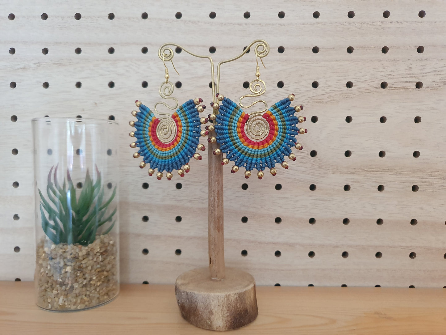 Blue rainbow macrame earrings, tropic circle spiral, blue boho earrings, wire wrap earrings, funky Thai earrings, witchy gift for her