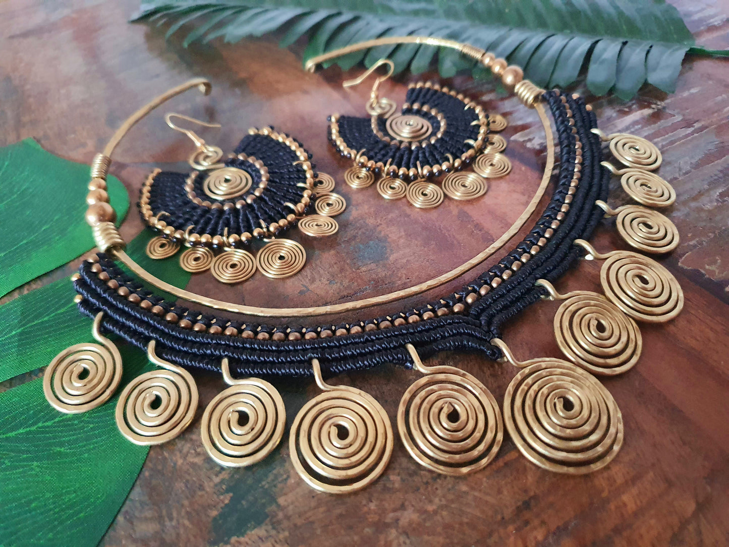 EGYPTIAN QUEEN Tribal bohemian spiral earrings, gold wire macramé black statement ethnic hippie earrings, Thai handmade large earrings for women queens