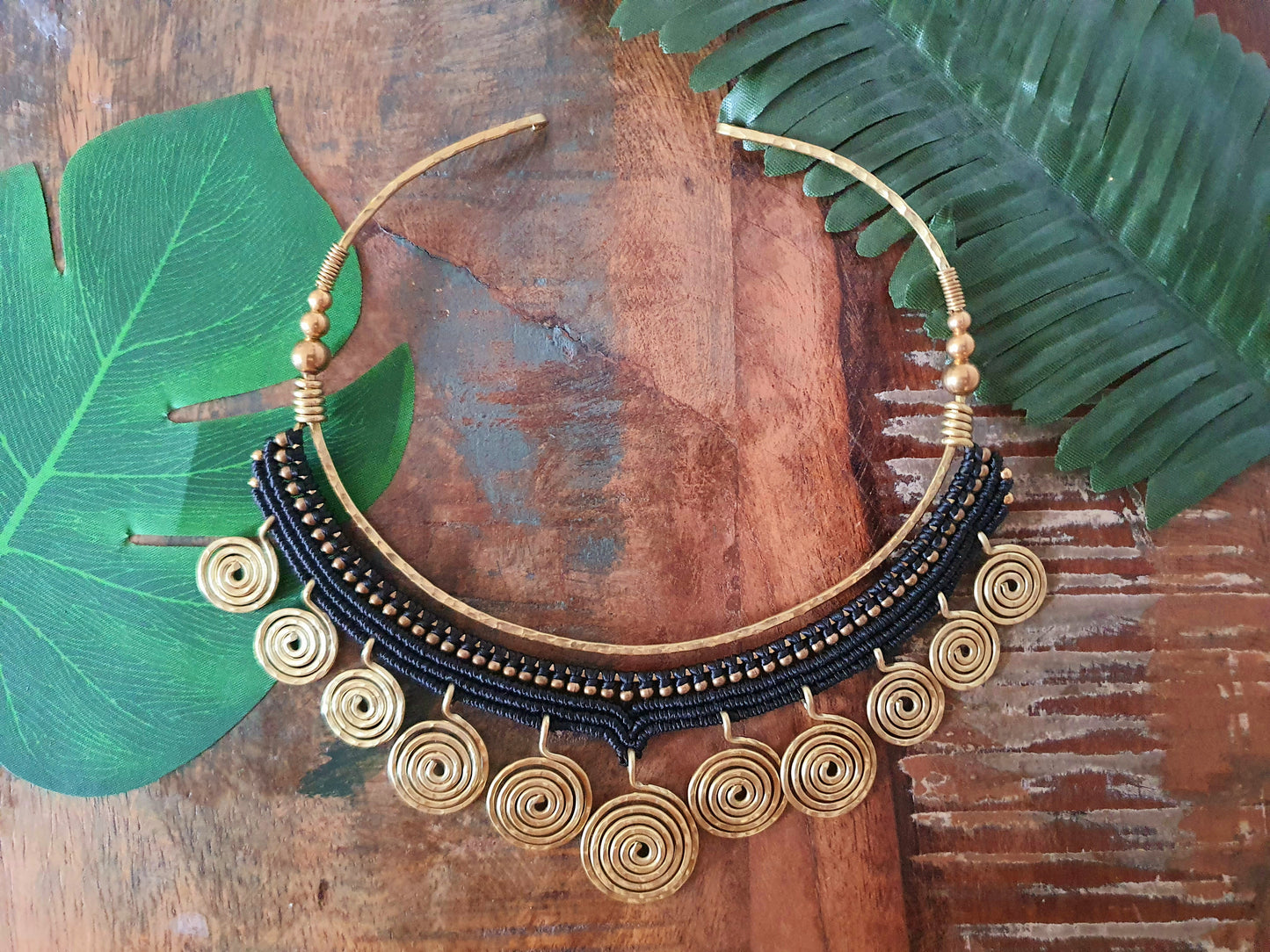 Egyptian choker,macrame choker,spiral choker,wire choker,statement necklace,black macramé,gold wire necklace,boho choker,hippie necklace