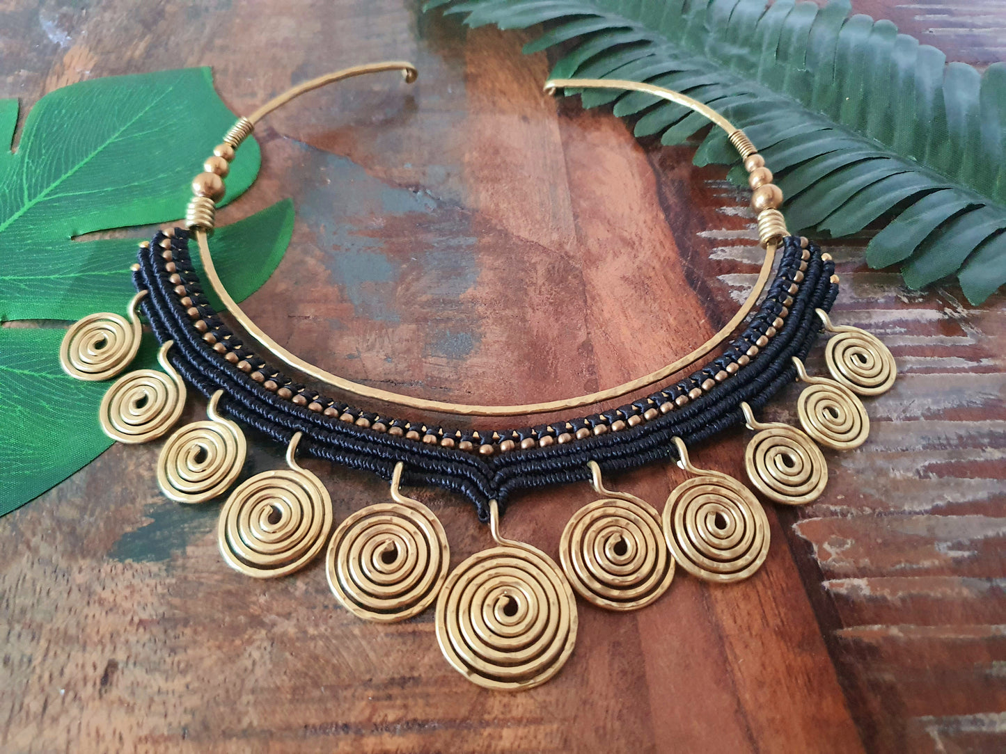 Egyptian choker,macrame choker,spiral choker,wire choker,statement necklace,black macramé,gold wire necklace,boho choker,hippie necklace