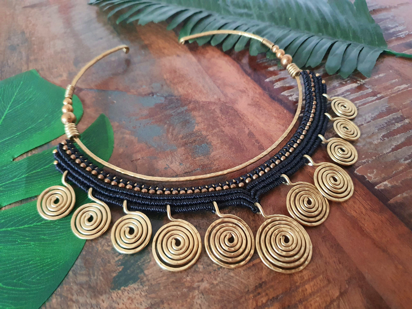 Egyptian choker,macrame choker,spiral choker,wire choker,statement necklace,black macramé,gold wire necklace,boho choker,hippie necklace