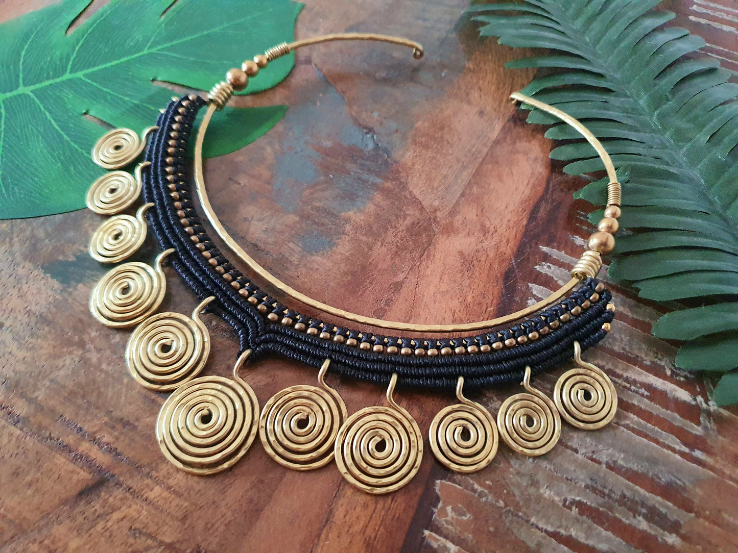 Egyptian choker,macrame choker,spiral choker,wire choker,statement necklace,black macramé,gold wire necklace,boho choker,hippie necklace