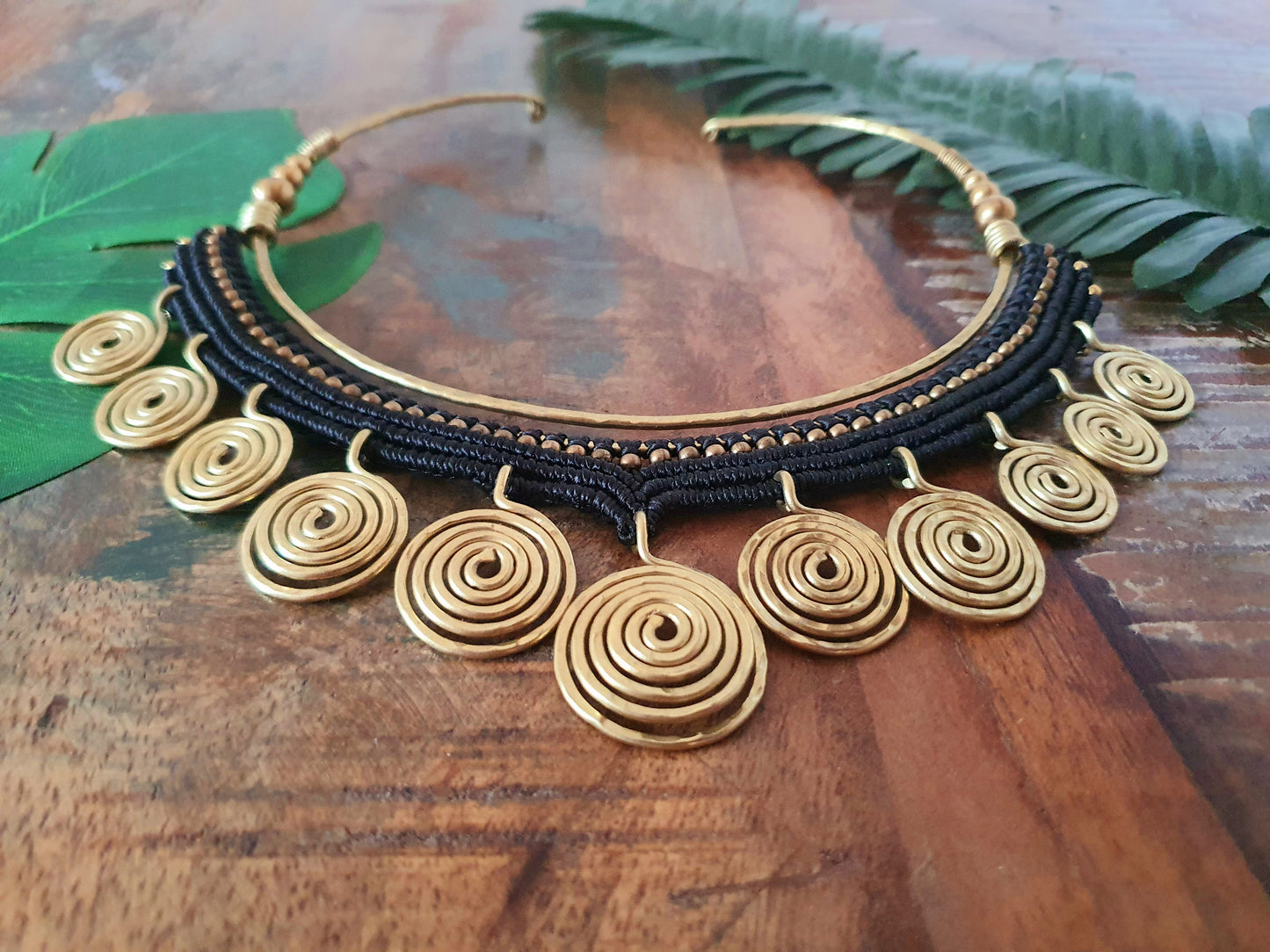 Egyptian choker,macrame choker,spiral choker,wire choker,statement necklace,black macramé,gold wire necklace,boho choker,hippie necklace