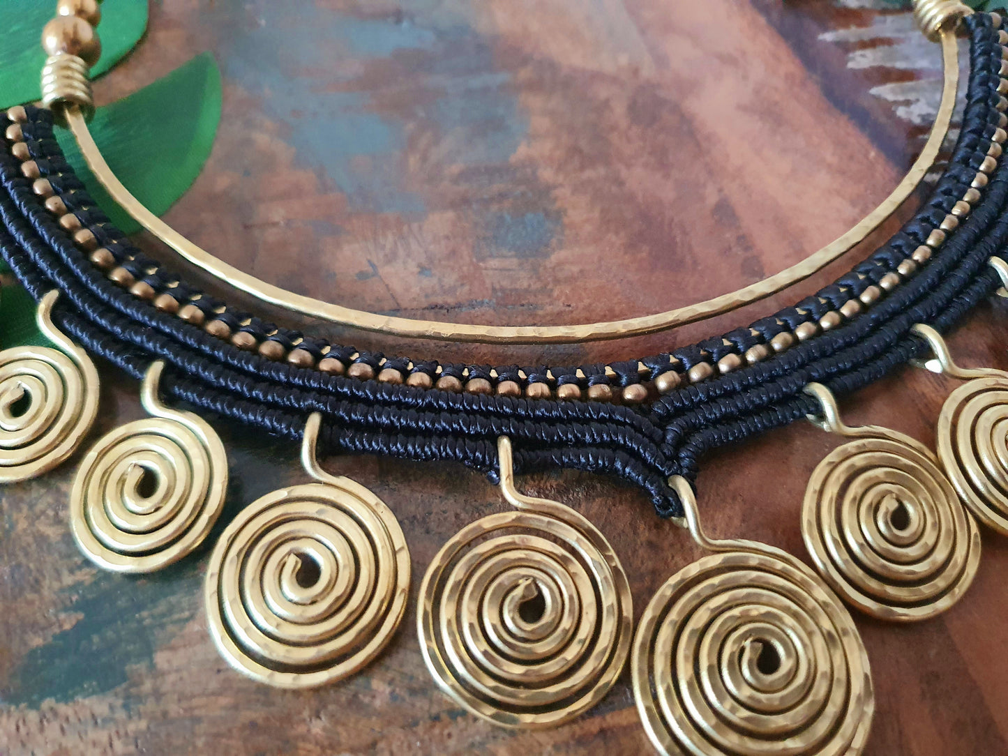 Egyptian choker,macrame choker,spiral choker,wire choker,statement necklace,black macramé,gold wire necklace,boho choker,hippie necklace