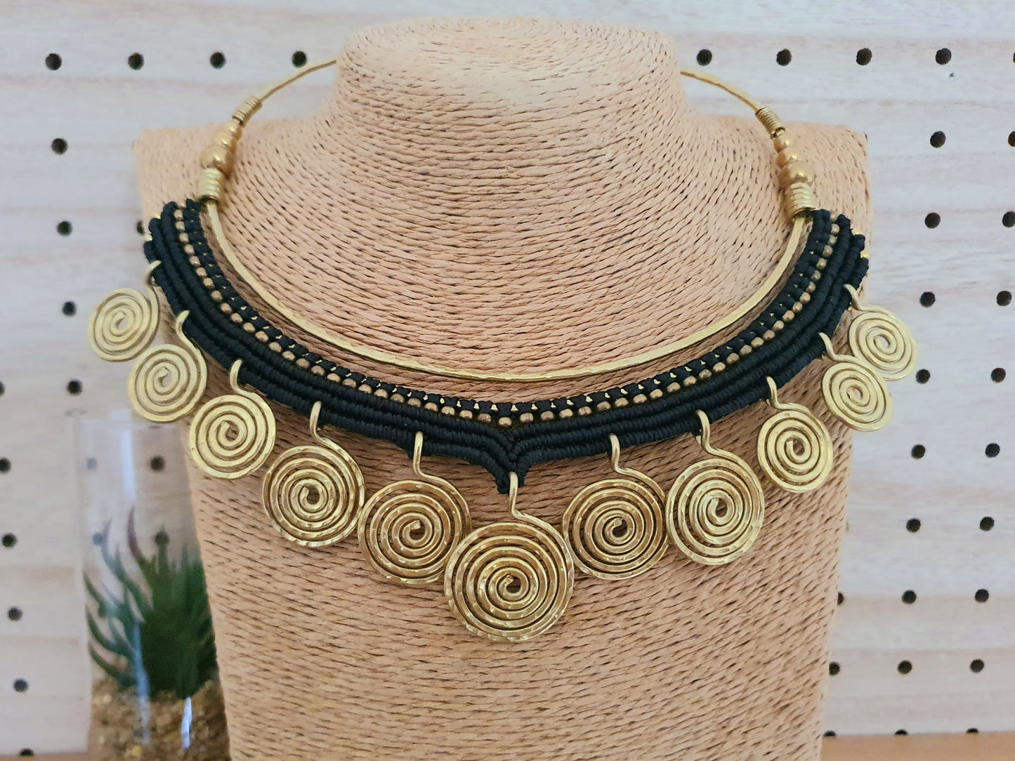 Egyptian choker,macrame choker,spiral choker,wire choker,statement necklace,black macramé,gold wire necklace,boho choker,hippie necklace