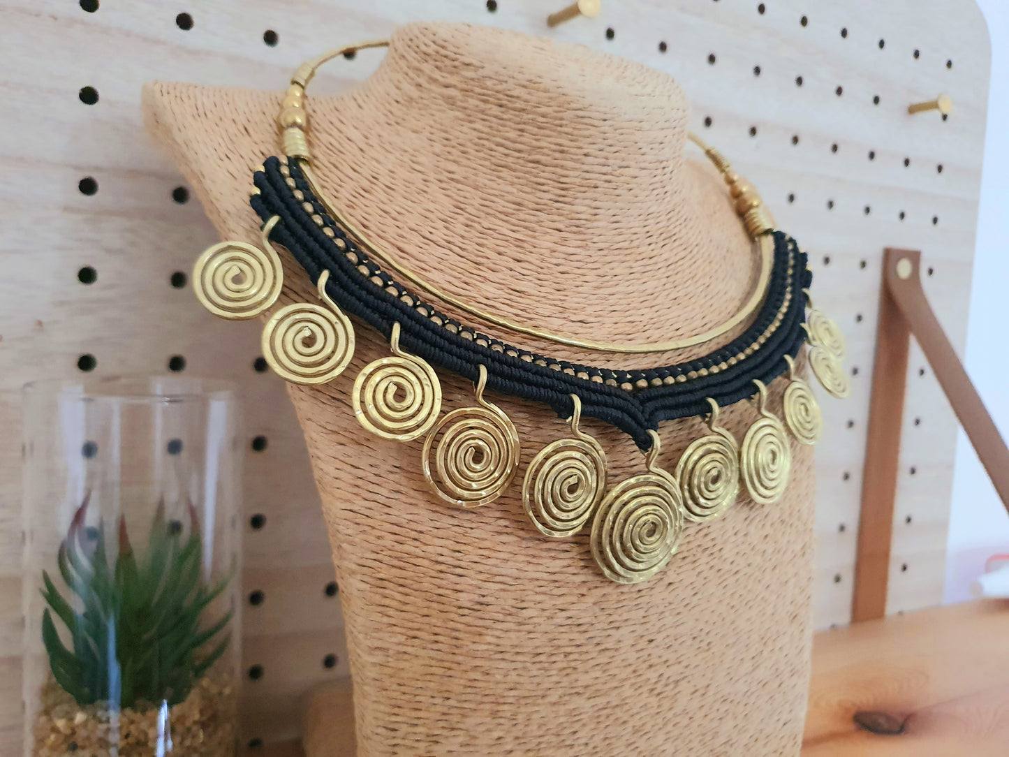 Egyptian choker,macrame choker,spiral choker,wire choker,statement necklace,black macramé,gold wire necklace,boho choker,hippie necklace