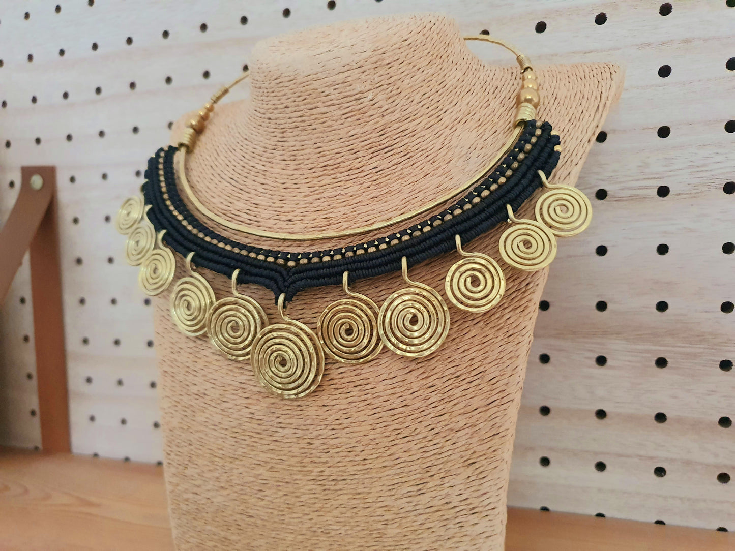 Egyptian choker,macrame choker,spiral choker,wire choker,statement necklace,black macramé,gold wire necklace,boho choker,hippie necklace