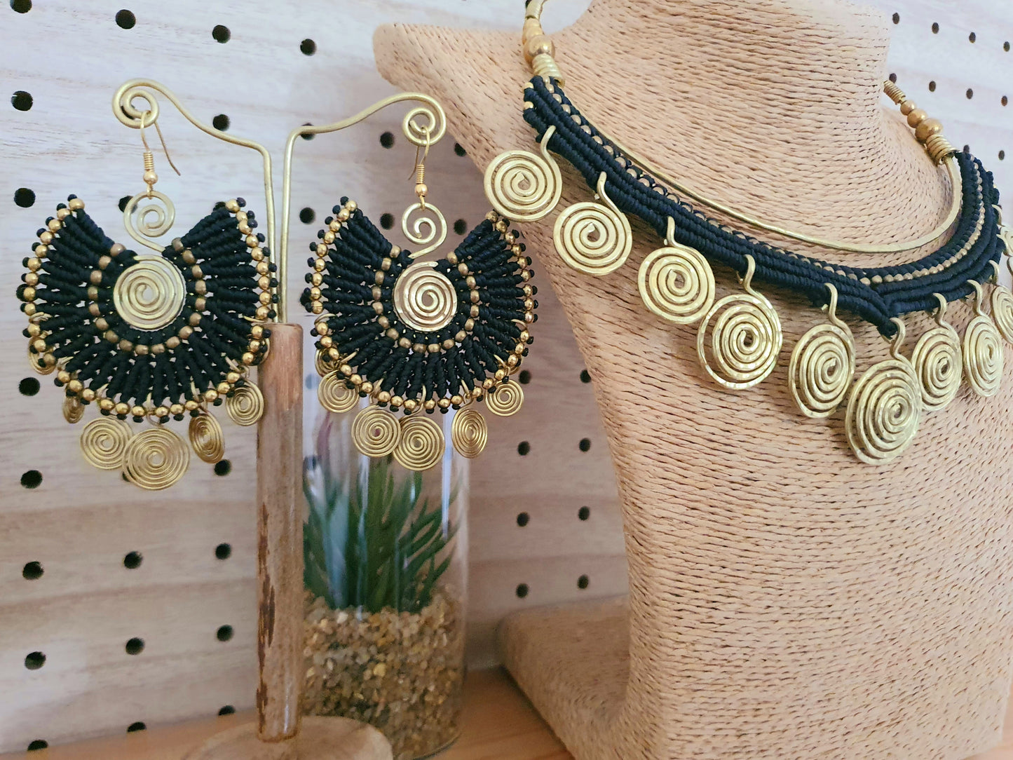 EGYPTIAN QUEEN Tribal bohemian spiral earrings, gold wire macramé black statement ethnic hippie earrings, Thai handmade large earrings for women queens