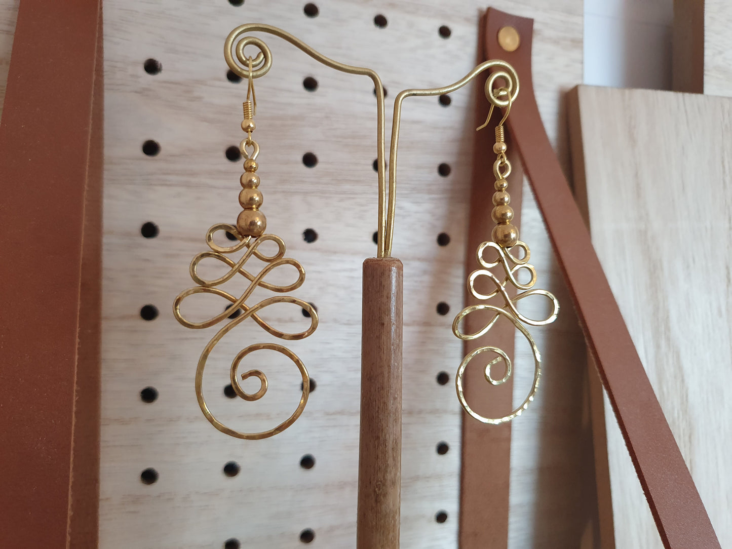 Gold UNALOME earrings, hammered wire buddhist symbol of life journey meaningful mindful spiritual jewellery, boho tribal feminist wire art