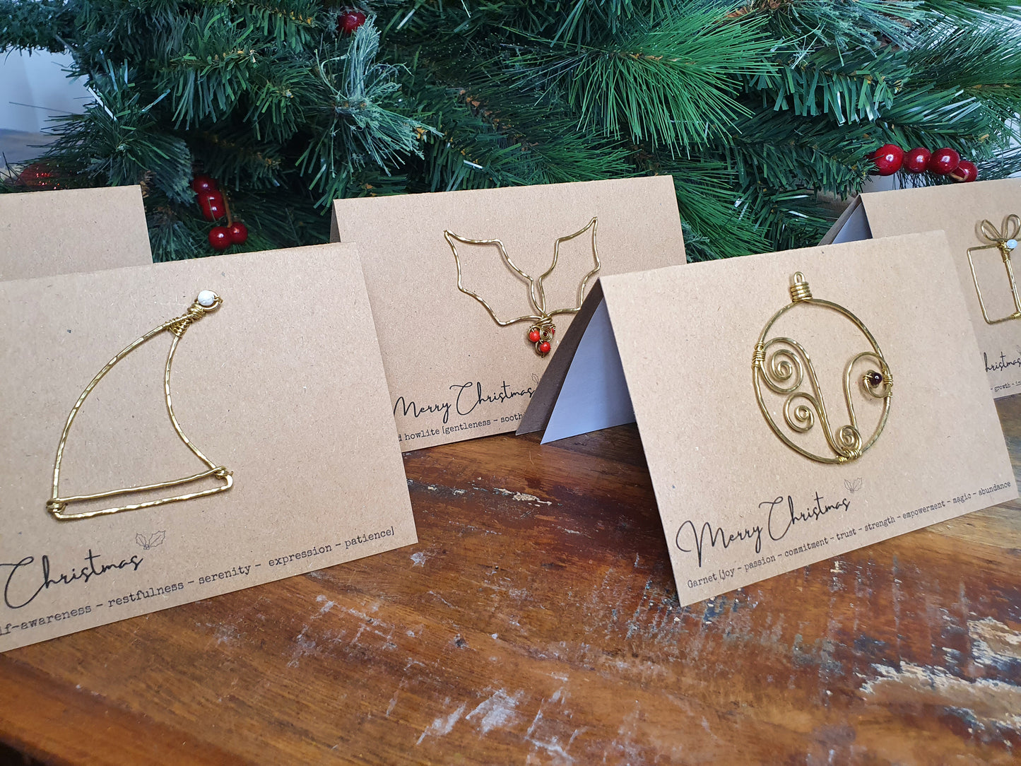 Crystal Christmas cards, eco wire art Christmas symbol and gemstone festive greetings cards, blank inside set of 5 unique holiday cards