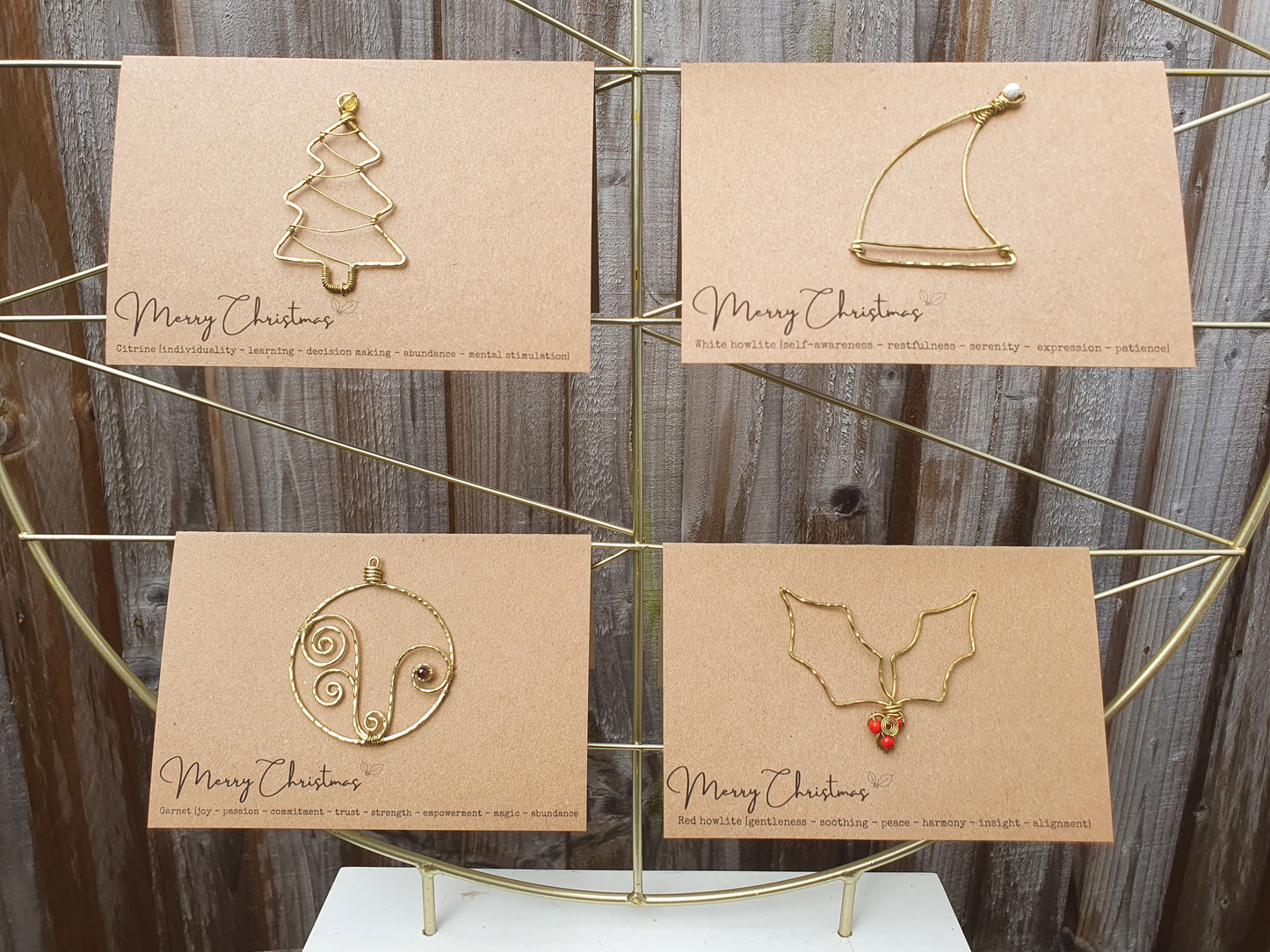 Crystal Christmas cards, eco wire art Christmas symbol and gemstone festive greetings cards, blank inside set of 5 unique holiday cards