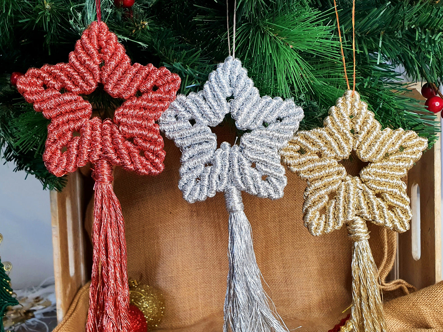 Shiny boho macrame star Christmas hanging baubles, gold silver red Christmas star tree hangings, festive decor, holiday decorations, stars