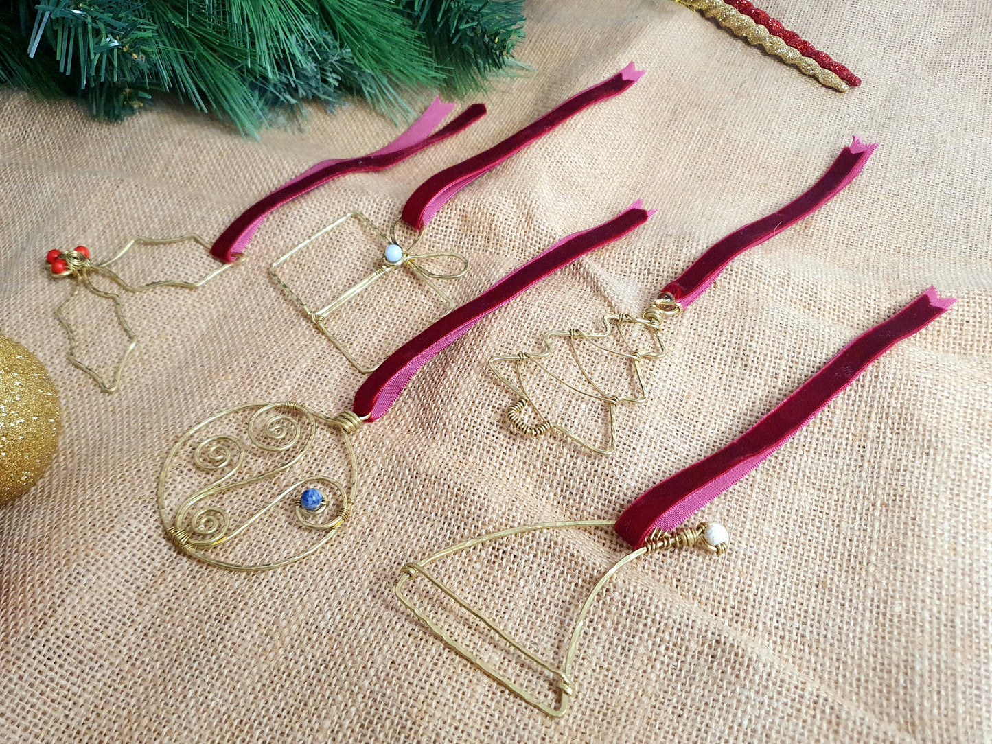 Custom crystal Christmas baubles, gold wire art festive decor, teacher christmas tree holly bauble santa's hat gift symbols holiday hangings