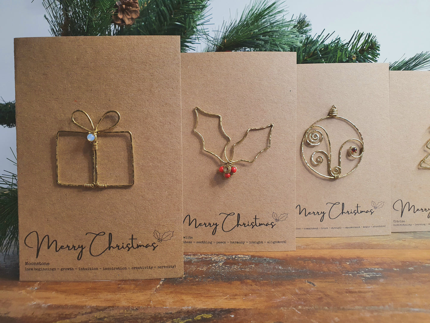 Crystal Christmas cards, eco wire art Christmas symbol and gemstone festive greetings cards, blank inside set of 5 unique holiday cards